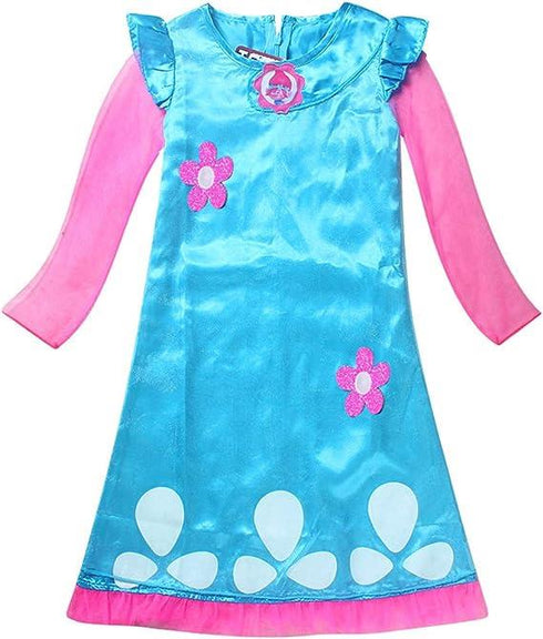 Girls Trolls Princess Poppy Costume with Wig | Kids Colorful Dress-Up Outfit for Halloween & Parties